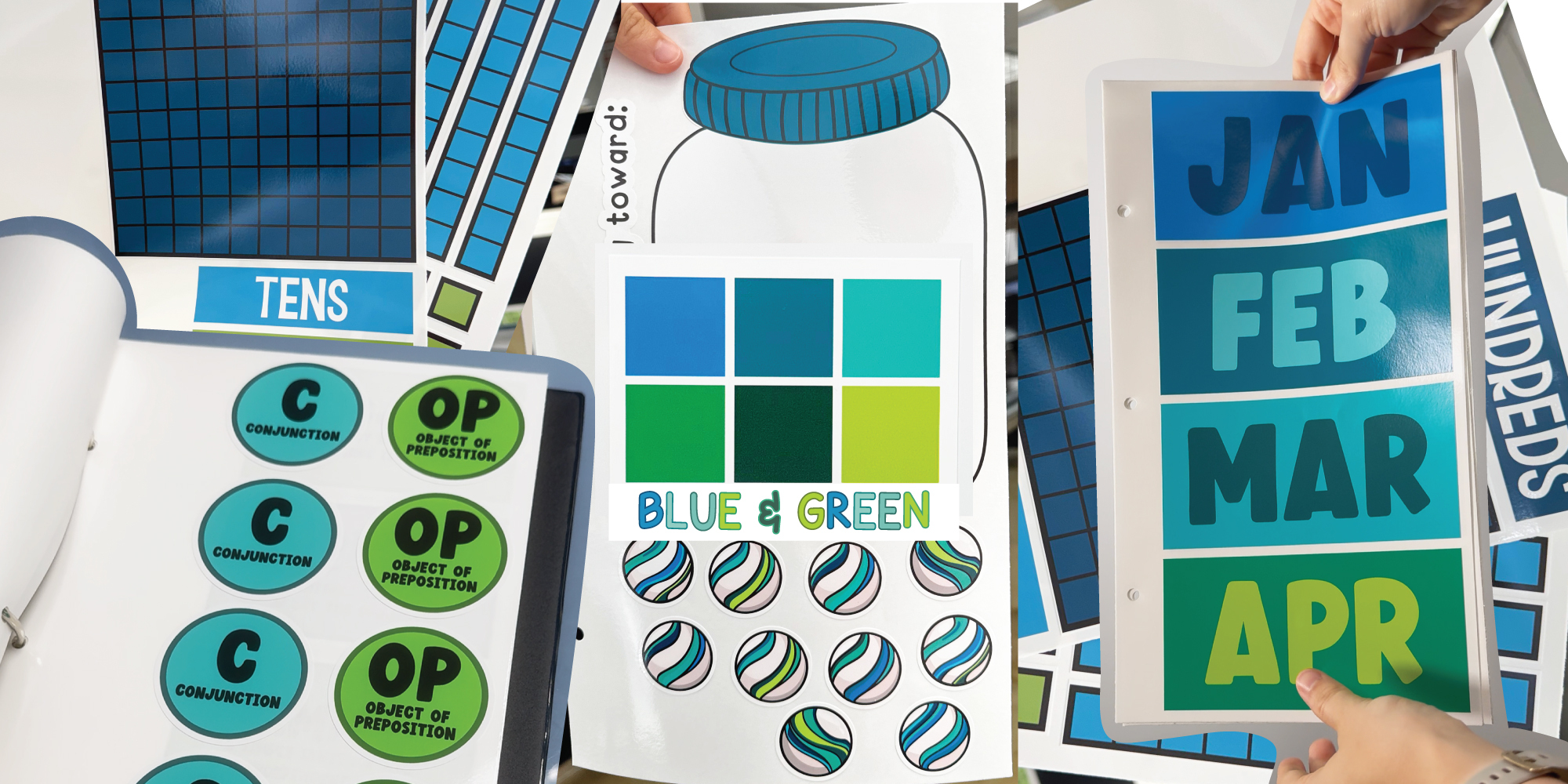 blue and green classroom decor