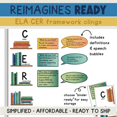 Reimagines Ready ELA CER framework clings with definitions, speech bubbles, and Binder Ready storage