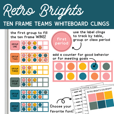 Retro Brights Ten Frame Teams behavior clings: six group ten frames on a whiteboard with a First Period label cling and a font and colorway guide