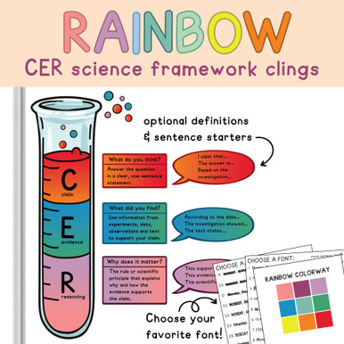 Rainbow CER science framework clings with test tube, definitions, and sentence starters