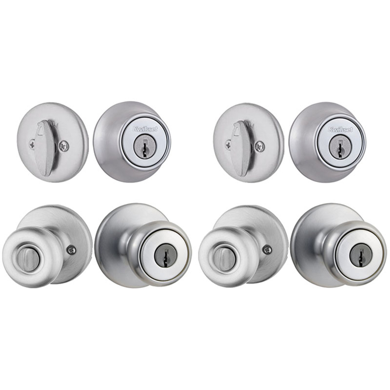 Kwikset Tylo Two Knobs and Two Single Cylinder Deadbolts Entry Combo Pack  Satin Chrome, 242T 26D