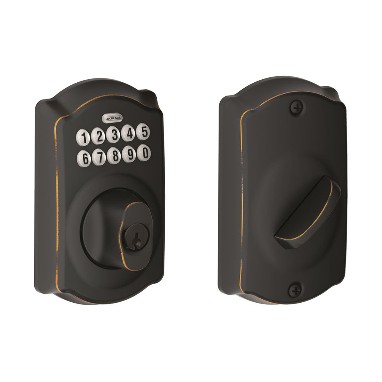 Schlage BE365 Camelot Keypad Deadbolt Single Cylinder Aged Bronze,  BE365CAM716