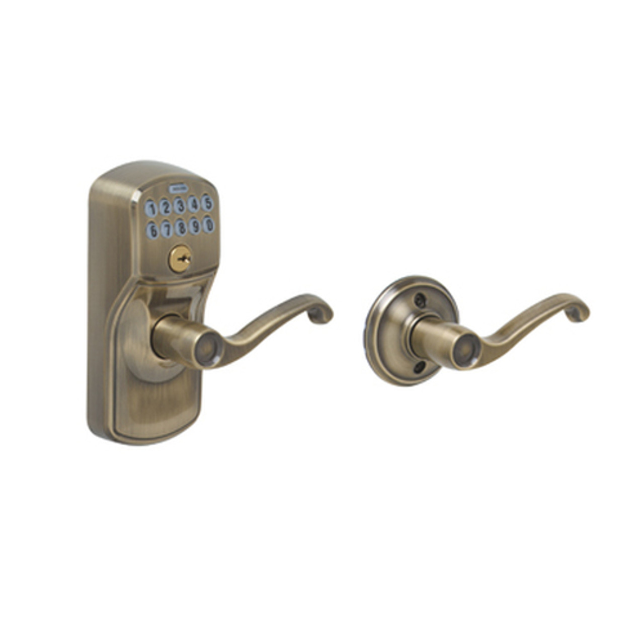 Schlage FE575 Plymouth Keypad Entry with Auto-Lock Flair Lever Antique Brass,  FE575PLYxFLA 609