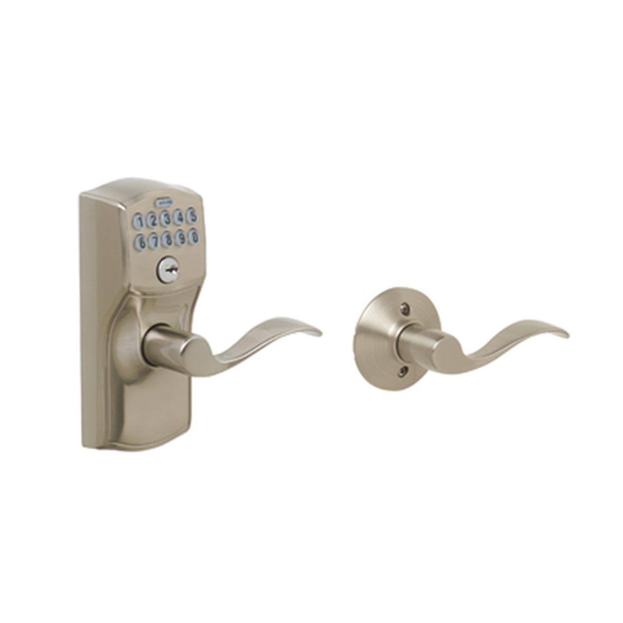 Schlage FE575 Camelot Keypad Entry with Auto-Lock Accent Lever Satin  Nickel, FE575CAMxACC 619