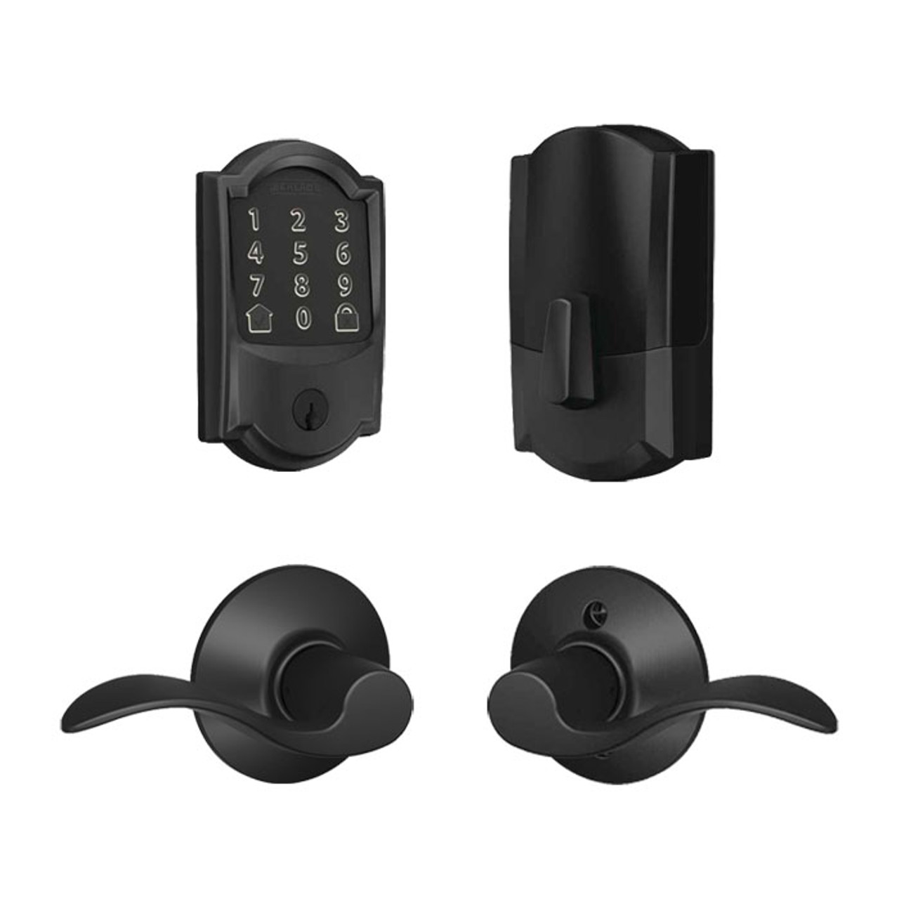 Schlage 489 Camelot Encode WiFi Deadbolt with Accent Passage Lever Matte  Black, FBE489CAM-ACC622