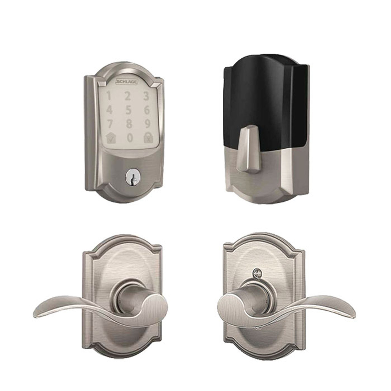 Schlage / 489 Camelot Encode WiFi Deadbolt with Accent x Camelot Passage  Lever / Satin Nickel / FBE489CAM-ACCxCAM619