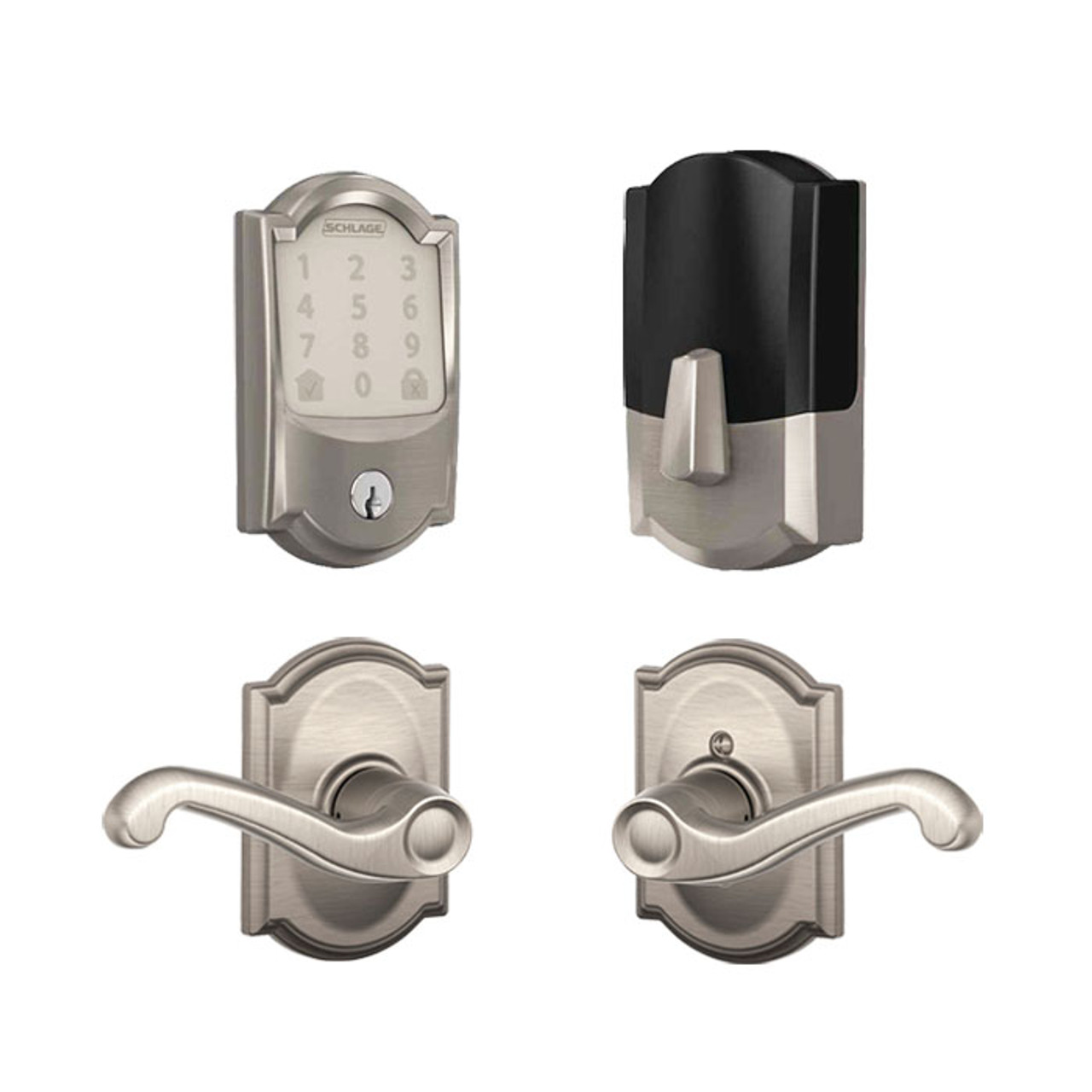 Schlage / 489 Camelot Encode WiFi Deadbolt with Flair x Camelot Passage  Lever / Satin Nickel / FBE489CAM-FLAxCAM619