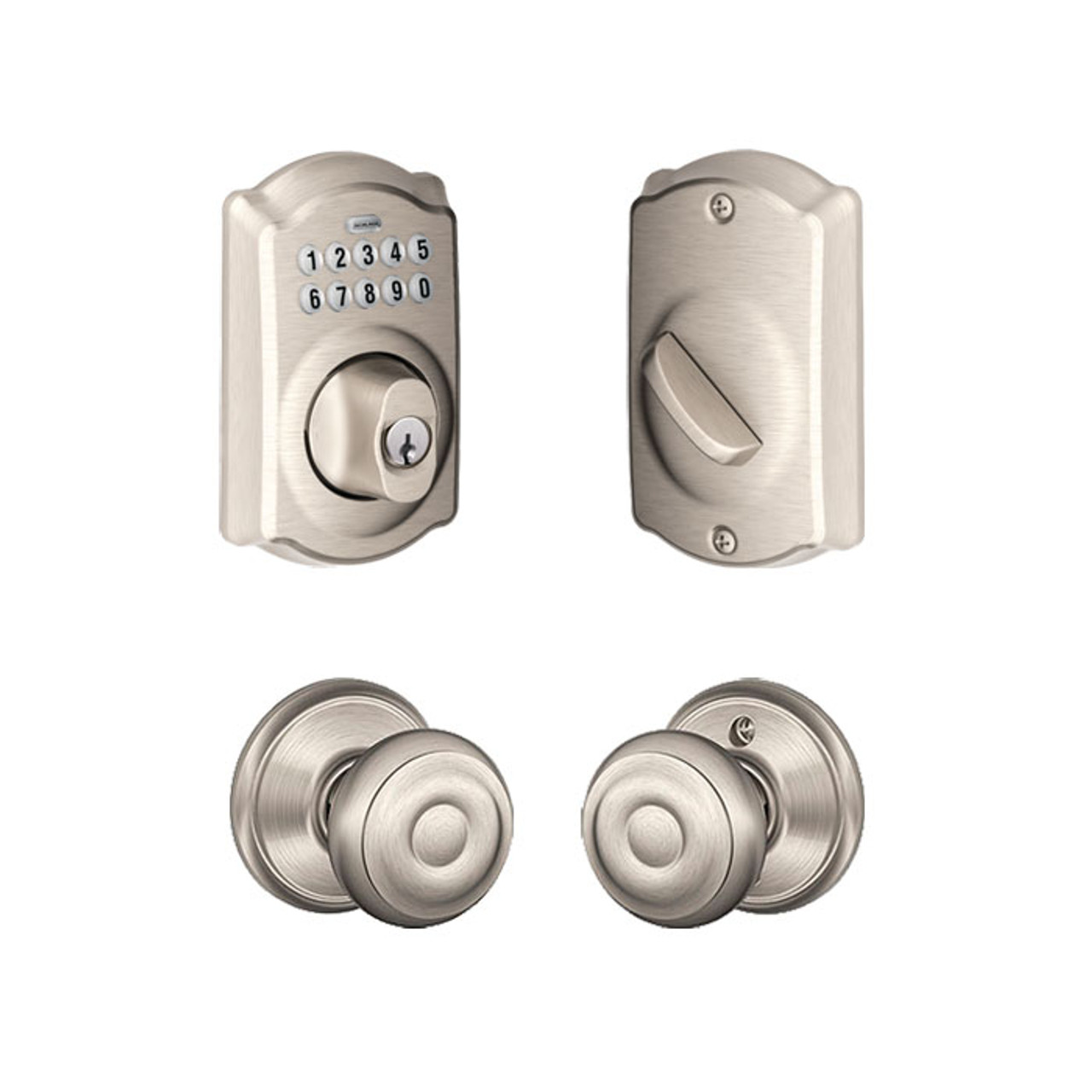 Schlage / BE365 Camelot Keypad Deadbolt with Georgian Passage Knob / Satin  Nickel / FBE365CAM-GEO619