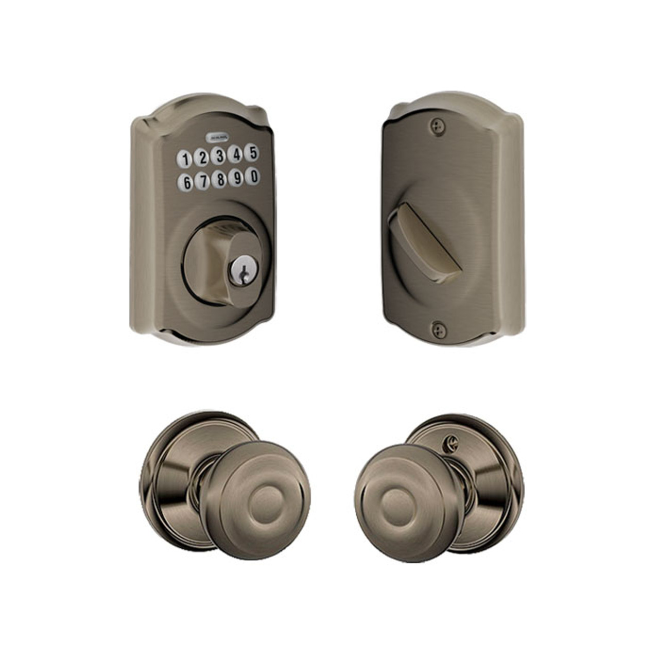 Schlage / BE365 Camelot Keypad Deadbolt with Georgian Passage Knob /  Antique Pewter / FBE365CAM-GEO620