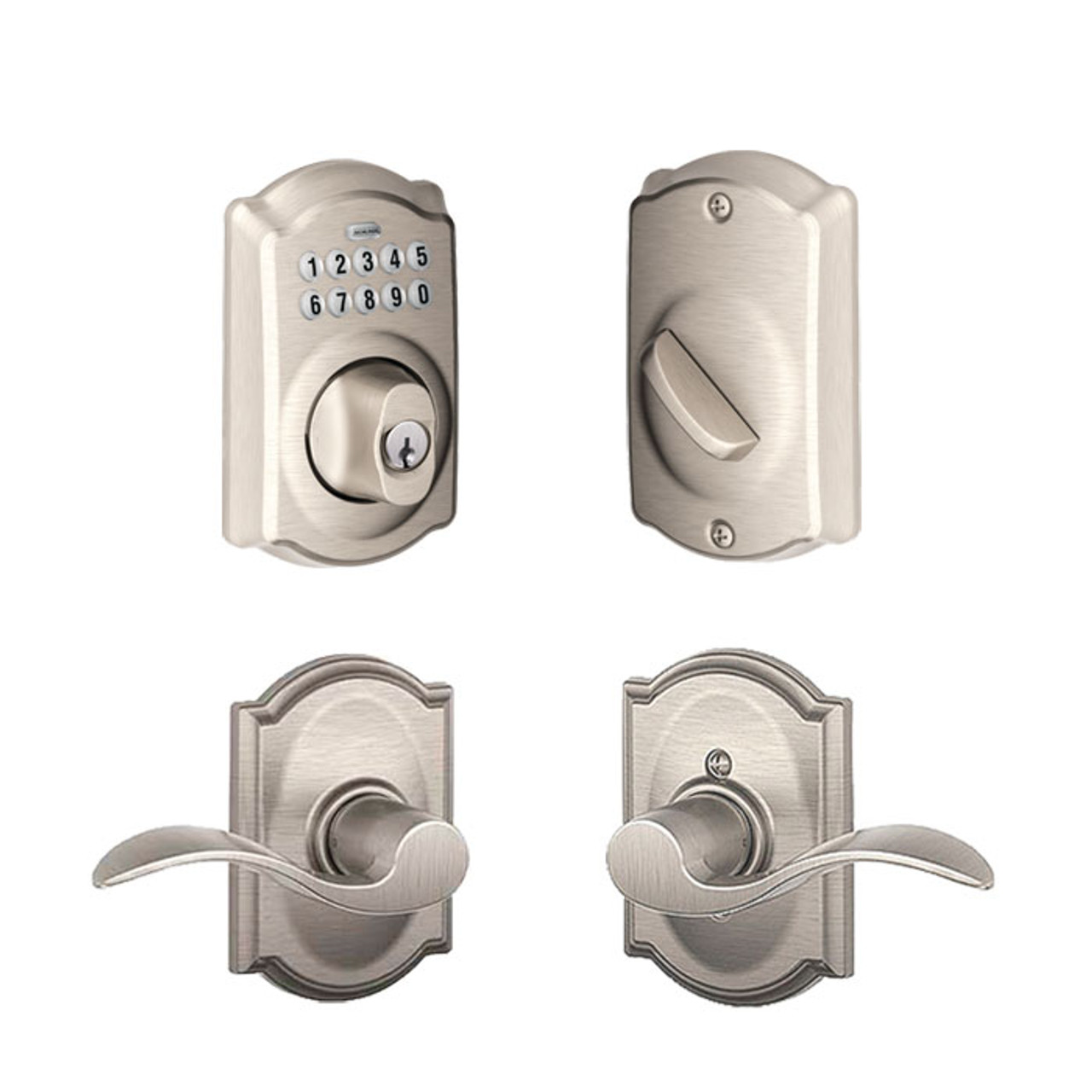 Schlage / BE365 Camelot Keypad Deadbolt with Accent x Camelot Passage Lever  / Satin Nickel / FBE365CAM-ACCxCAM619