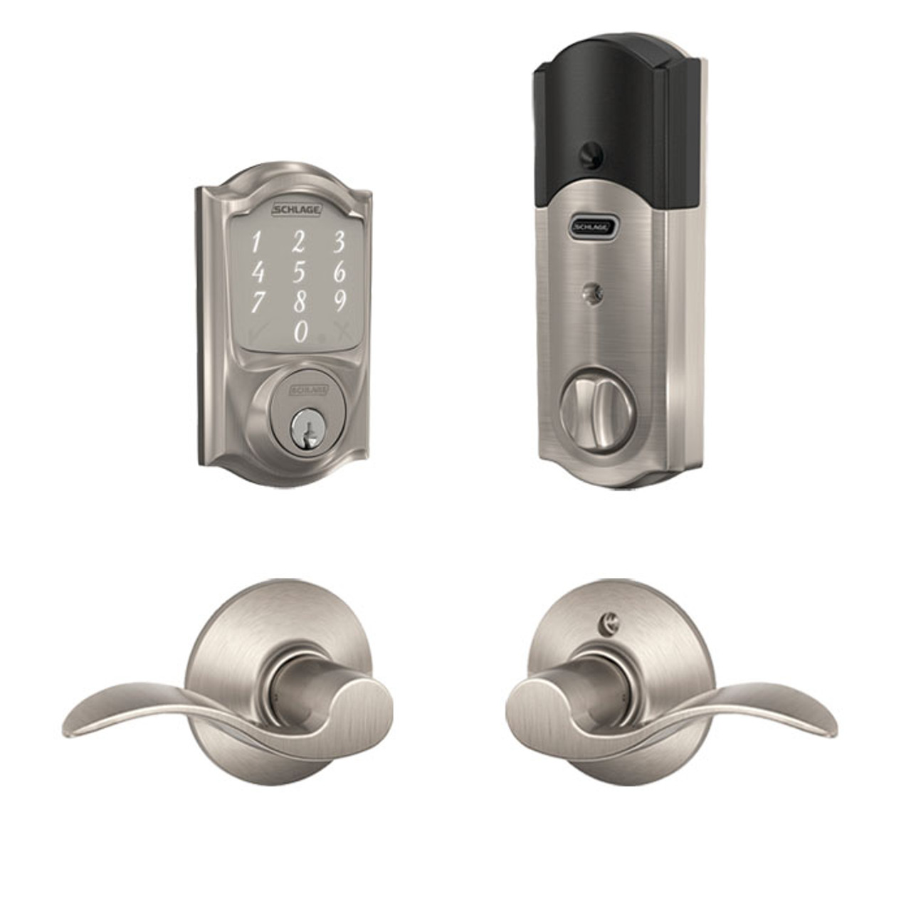 Schlage / BE479 Camelot Sense Deadbolt with Accent Passage Lever / Satin  Nickel / FBE479CAM-ACC619