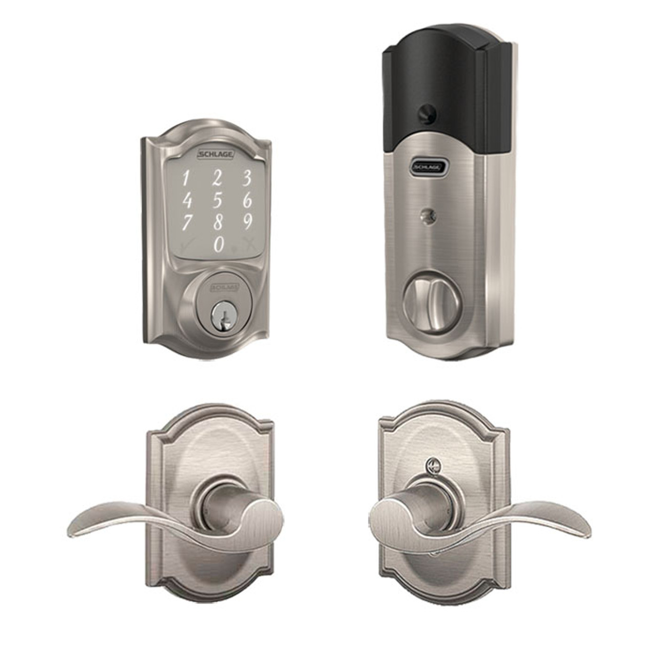 Schlage / BE479 Camelot Sense Deadbolt with Accent x Camelot Passage Lever  / Satin Nickel / FBE479CAM-ACCxCAM619