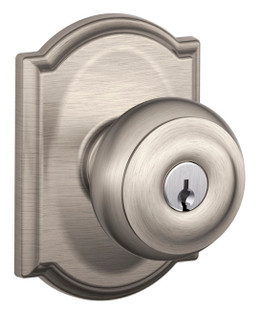 Schlage / Georgian Knob with Camelot Rose / Keyed Entry / Satin Nickel / F51AGEO 619 CAM