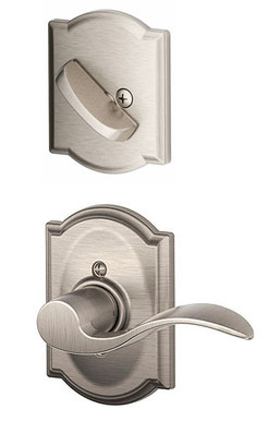 Schlage / F Series Dummy Cylinder Interior Trim Pack / Accent Lever with Camelot Rose / Left Hand / Satin Nickel / Dummy Cylinder / F94ACC619CAMLH Schlage / F Series Dummy Cylinder Interior Trim Pack / Accent Lever with Camelot Rose / Left Hand / Satin Nickel / Dummy Cylinder / F94ACC619CAMLH