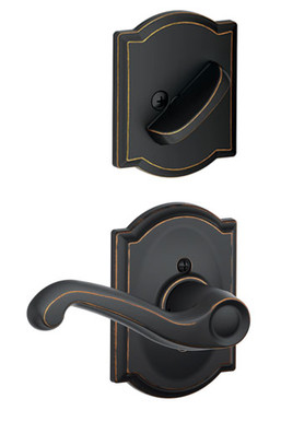 Schlage / F Series Dummy Cylinder Interior Trim Pack / Flair Lever with Camelot Rose / Right Hand / Aged Bronze / Dummy Cylinder / F94FLA716CAMRH