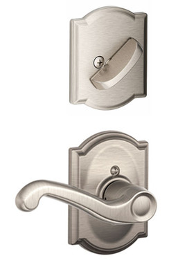 Schlage / F Series Single Cylinder Interior Trim Pack / Flair Lever with Camelot Rose / Right Hand / Satin Nickel / Single Cylinder / F59FLA619CAMRH