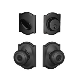 Schlage / Georgian x Camelot Knob / F51A Keyed Entry with B60 Single Cylinder Deadbolt Combo Pack / Matte Black / FB50GEO622CAM Schlage / Georgian x Camelot Knob / F51A Keyed Entry with B60 Single Cylinder Deadbolt Combo Pack / Matte Black / FB50GEO622CAM