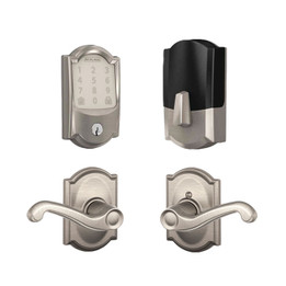 Schlage / 489 Camelot Encode WiFi Deadbolt with Flair x Camelot Passage Lever / Satin Nickel / FBE489CAM-FLAxCAM619 Schlage / 489 Camelot Encode WiFi Deadbolt with Flair x Camelot Passage Lever / Satin Nickel / FBE489CAM-FLAxCAM619