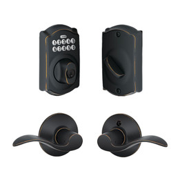 Schlage / BE365 Camelot Keypad Deadbolt with Accent Passage Lever / Aged Bronze / FBE365CAM-ACC716 Schlage / BE365 Camelot Keypad Deadbolt with Accent Passage Lever / Aged Bronze / FBE365CAM-ACC716