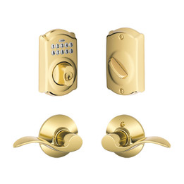 Schlage / BE365 Camelot Keypad Deadbolt with Accent Passage Lever / Lifetime Bright Brass / FBE365CAM-ACC505