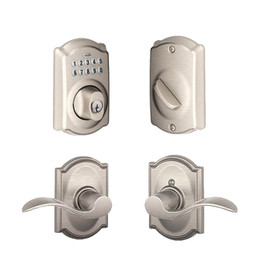 Schlage / BE365 Camelot Keypad Deadbolt with Accent x Camelot Passage Lever / Satin Nickel / FBE365CAM-ACCxCAM619 Schlage / BE365 Camelot Keypad Deadbolt with Accent x Camelot Passage Lever / Satin Nickel / FBE365CAM-ACCxCAM619