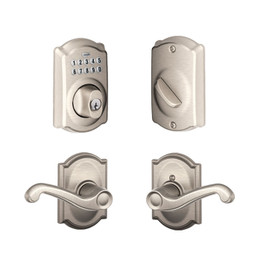Schlage / BE365 Camelot Keypad Deadbolt with Flair x Camelot Passage Lever / Satin Nickel / FBE365CAM-FLAxCAM619 Schlage / BE365 Camelot Keypad Deadbolt with Flair x Camelot Passage Lever / Satin Nickel / FBE365CAM-FLAxCAM619
