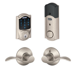 Schlage / BE469 Camelot Connect Deadbolt with Accent Passage Lever / Satin Nickel / FBE469CAM-ACC619 Schlage / BE469 Camelot Connect Deadbolt with Accent Passage Lever / Satin Nickel / FBE469CAM-ACC619