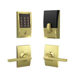 Schlage / 489 Century Encode WiFi Deadbolt with Latitude x Century Passage Lever / Satin Brass / FBE489CEN-LATxCEN608 Schlage / 489 Century Encode WiFi Deadbolt with Latitude x Century Passage Lever / Satin Brass / FBE489CEN-LATxCEN608