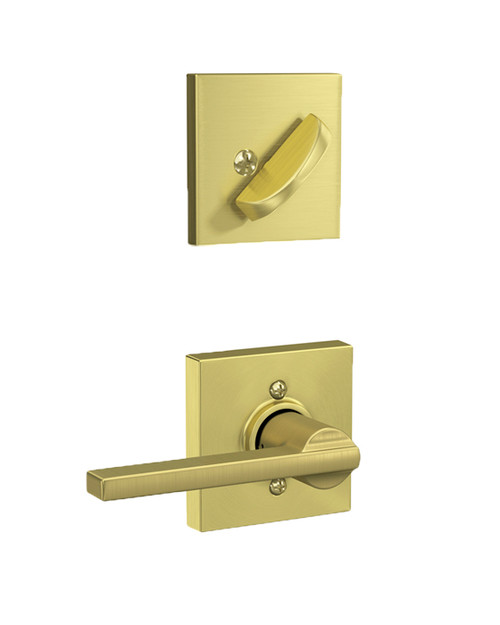 Schlage / F Series Dummy Cylinder Interior Trim Pack / Latitude Lever with Collins Rose / Satin Brass / Dummy Cylinder / F94LAT608COL