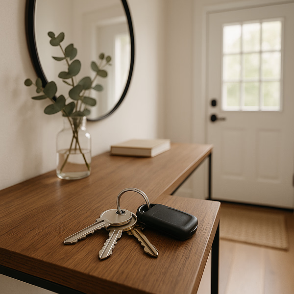 Set of house keys on a stylish console table 