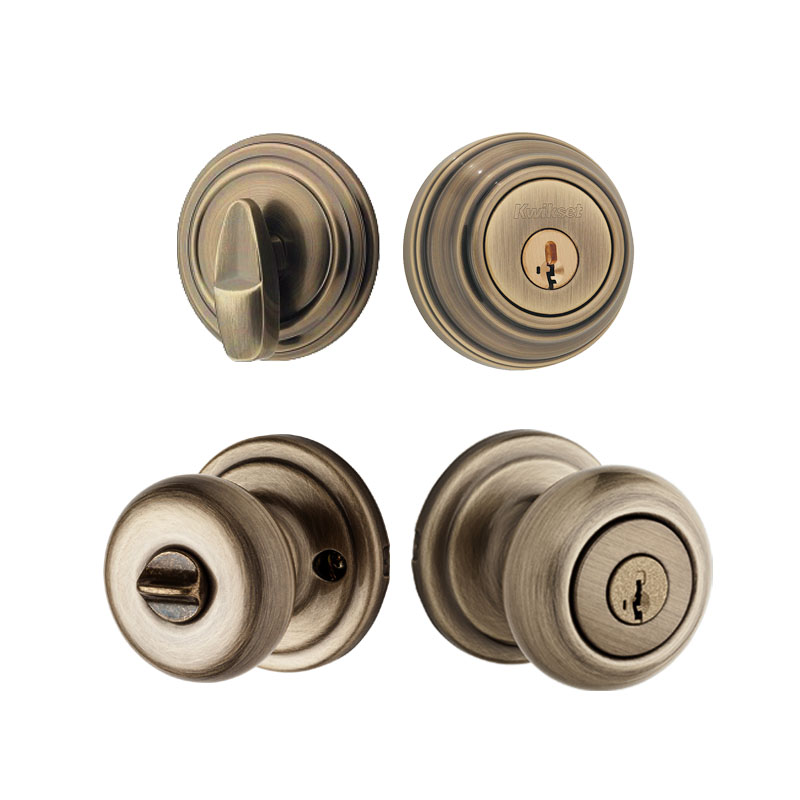 Kwikset Juno Knob with Single Cylinder Deadbolt Combo Pack SmartKey Entry Antique  Brass, 991J SMT