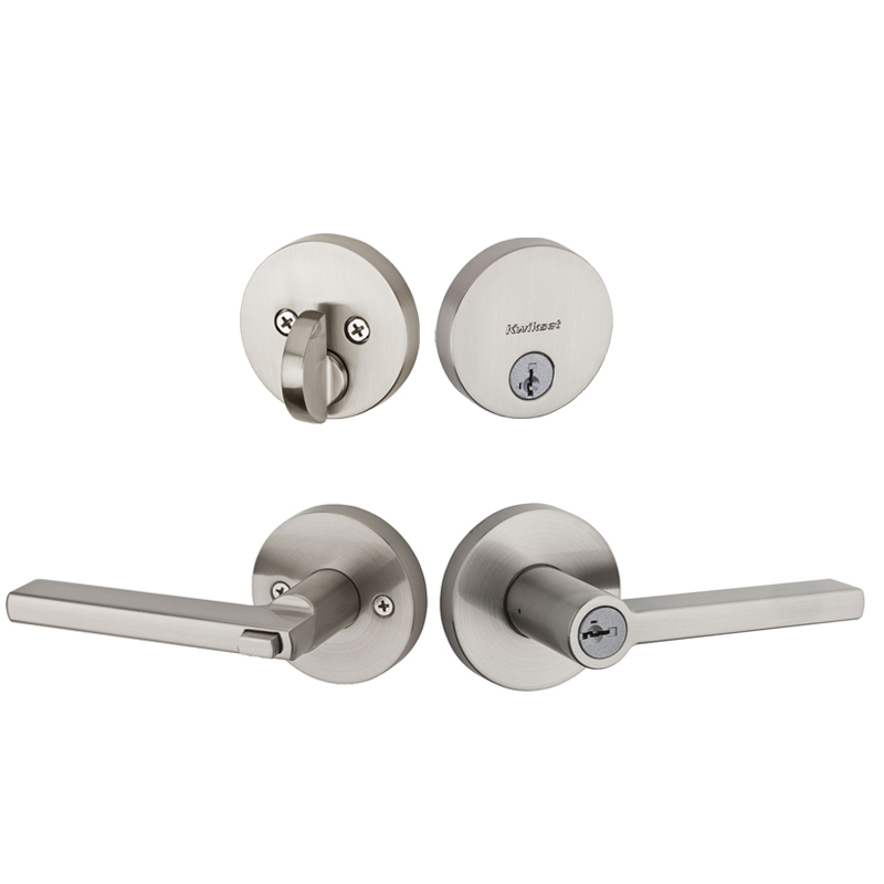 Kwikset Halifax Lever with Round Rose Half Dummy Satin Nickel