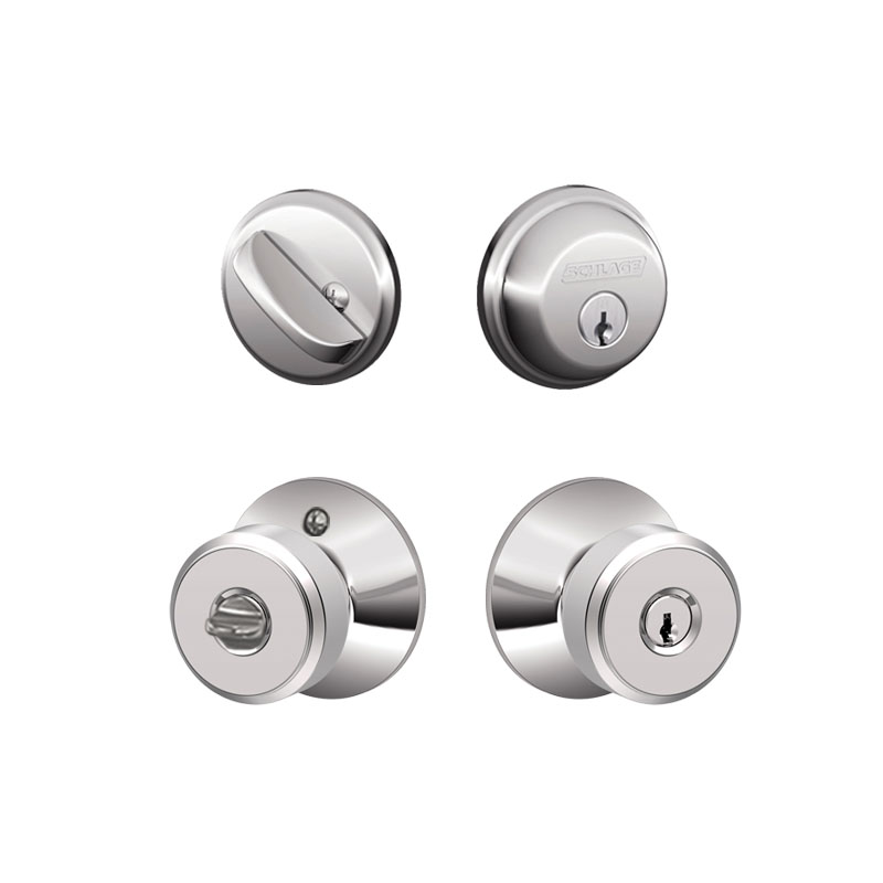 Schlage / Bowery Knob / F51A Keyed Entry with B60 Single Cylinder Deadbolt  Combo Pack / Bright Chrome / FB50BWE625