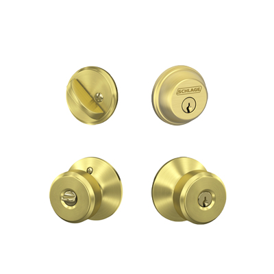 Schlage / Bowery Knob / F51A Keyed Entry with B60 Single Cylinder Deadbolt  Combo Pack / Satin Brass / FB50BWE608