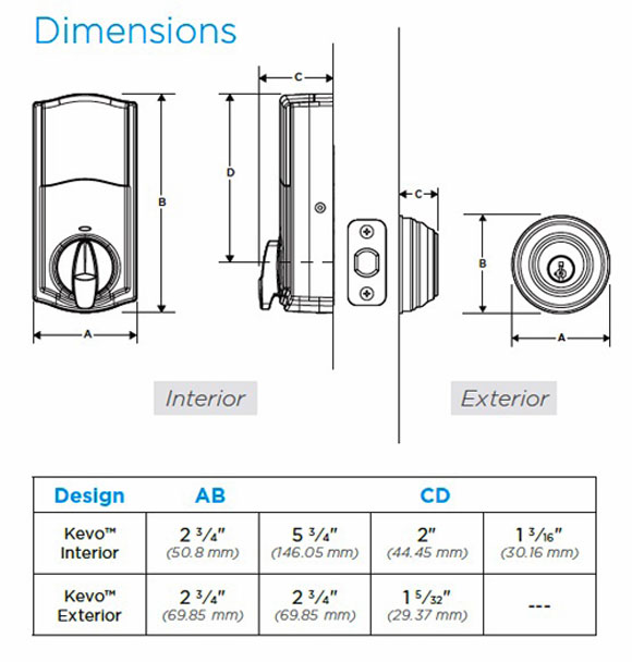 925DB Kevo 2 Bluetooth Enabled Deadbolt Dimensions