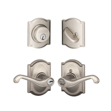 Schlage Flair x Camelot Satin Nickel F51A Keyed Entry Door Lever with B60  Deadbolt Combo Pack, FB50 FLA619CAM