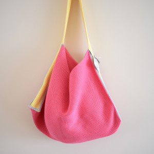 Knitted Cotton Tote Bag - Pink with Yellow Strap
