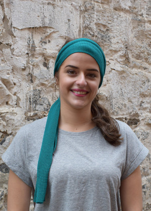 teal, worn as head scarf