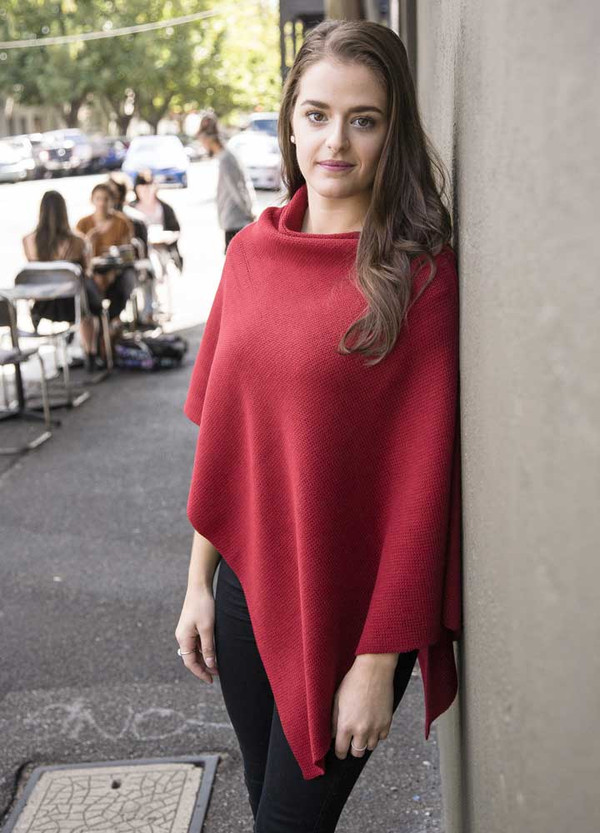 red merino wool poncho - classic