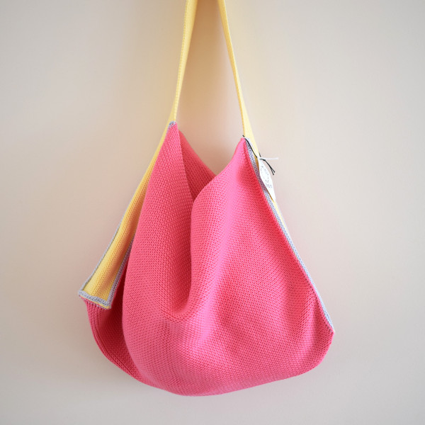 Knitted Cotton Tote Bag - Pink with Yellow Strap