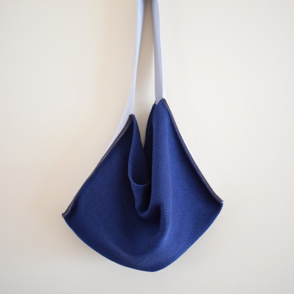 Knitted Cotton Tote Bag - Navy with silver grey strap