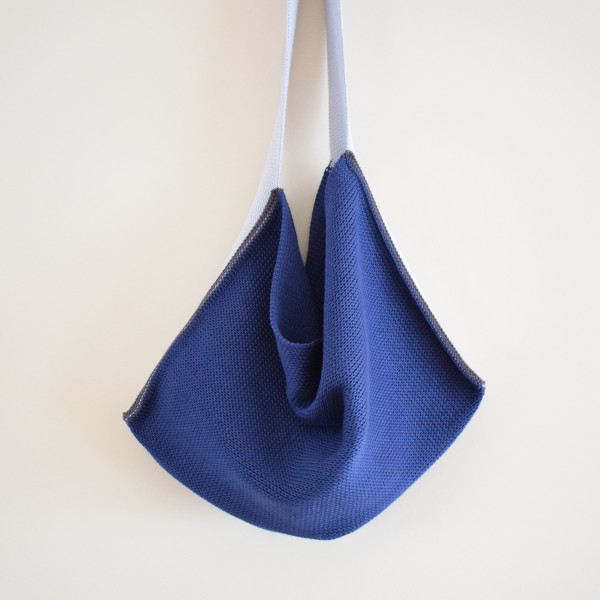 Knitted Cotton Tote Bag - Navy with silver grey strap