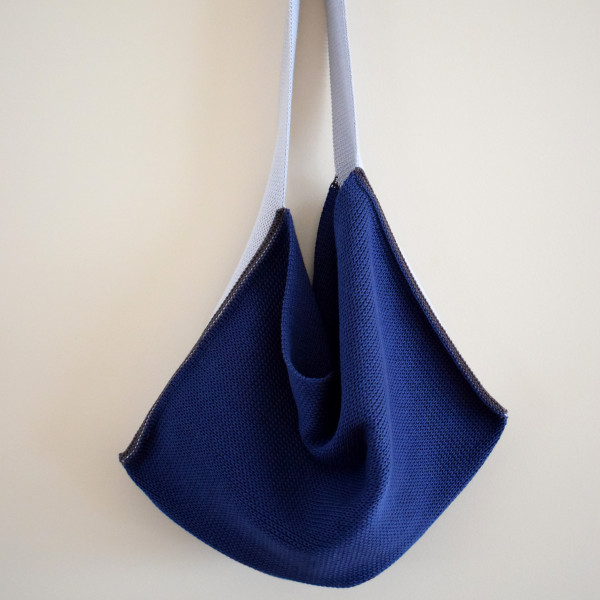 Knitted Cotton Tote Bag - Navy with silver grey strap