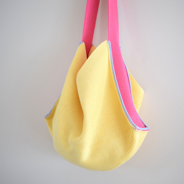 Knitted Cotton Tote Bag - Yellow with pink strap