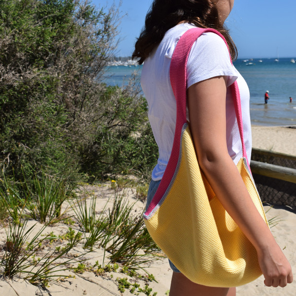 Knitted Cotton Tote Bag - Yellow with pink strap