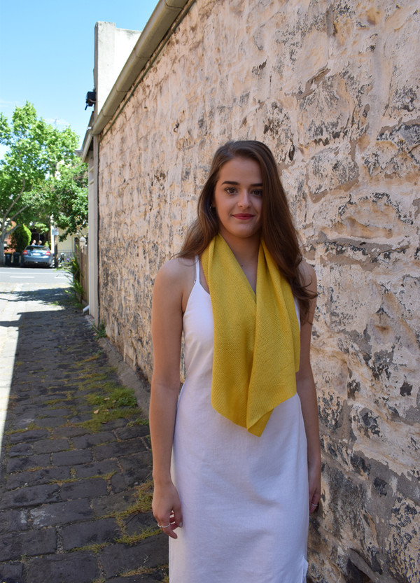 Petite poncho, mustard - worn as scarf (with seam at back of neck)