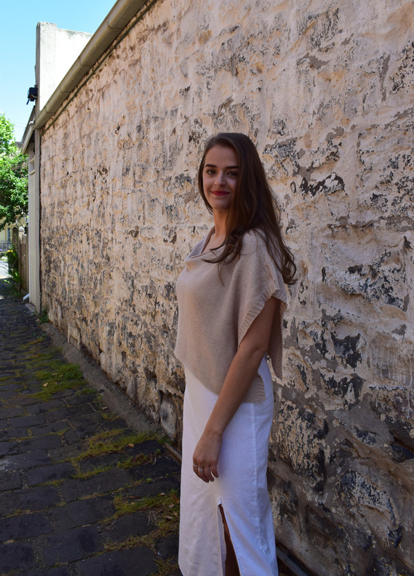 Petite poncho, mushroom - worn with seam at shoulder