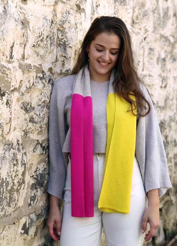 Scarf - Merino Wool - Block Colour Pink & Yellow
