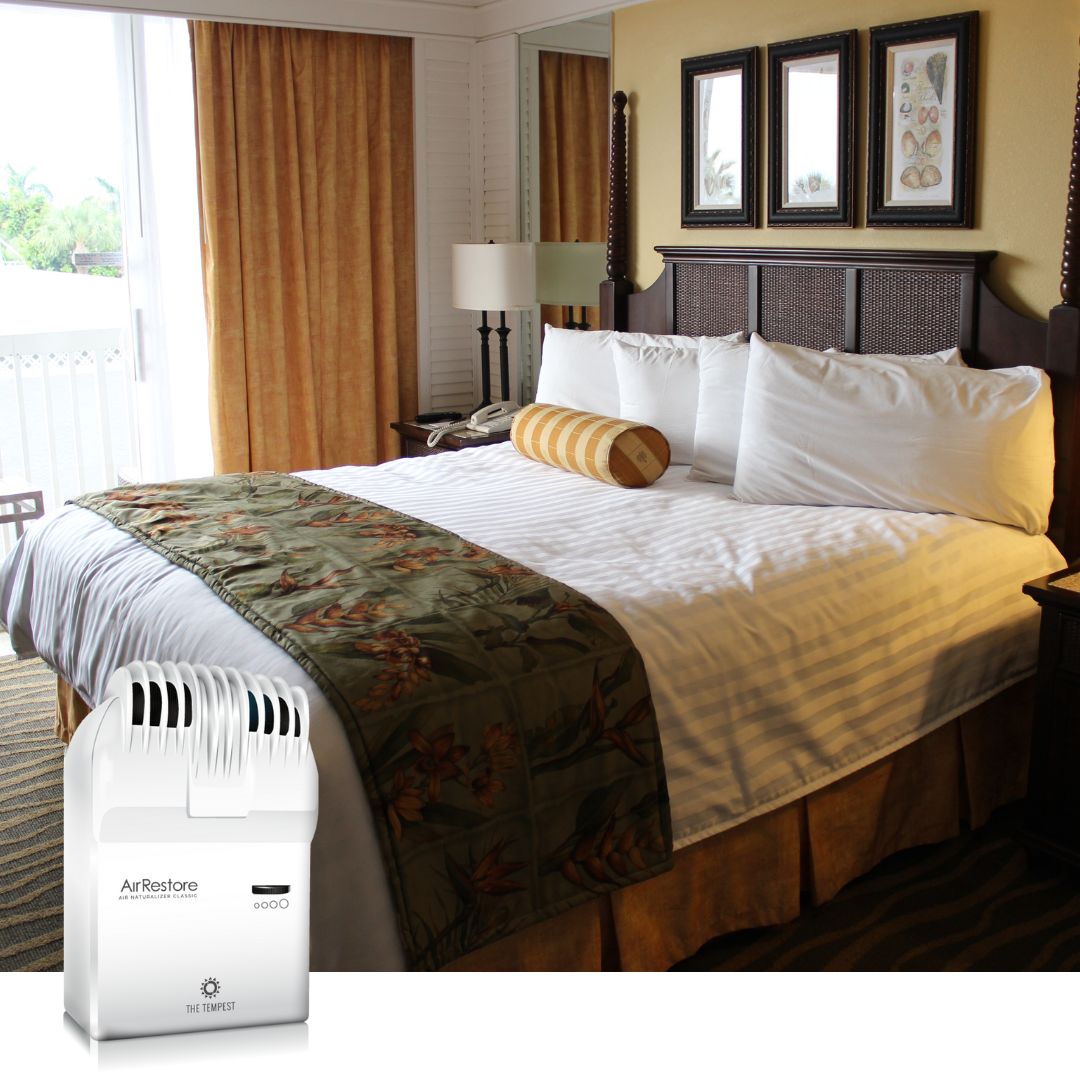 bed in hotel room - air purifier, naturalizer, AirRestore