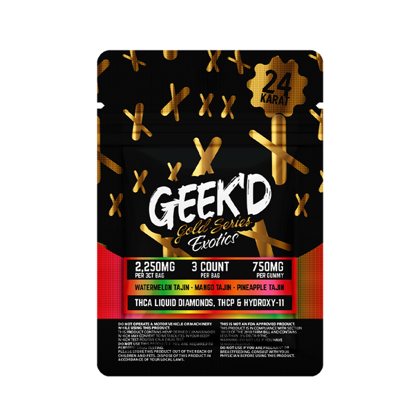 3 Flavors (Mango, Pineapple, Watermelon) – Each with a bold tajín twist
750MG per Gummy – Advanced cannabinoid blend for time-released highs
3 Count Pouch – 2250MG total, perfect for sampling the Gold Series Exotics